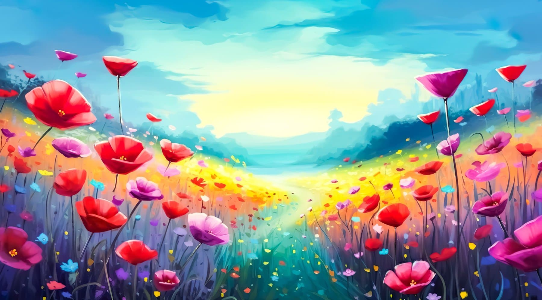 Dreamy illustration art of flower field in colorful painting.decoration background.digital paint style.generative ai