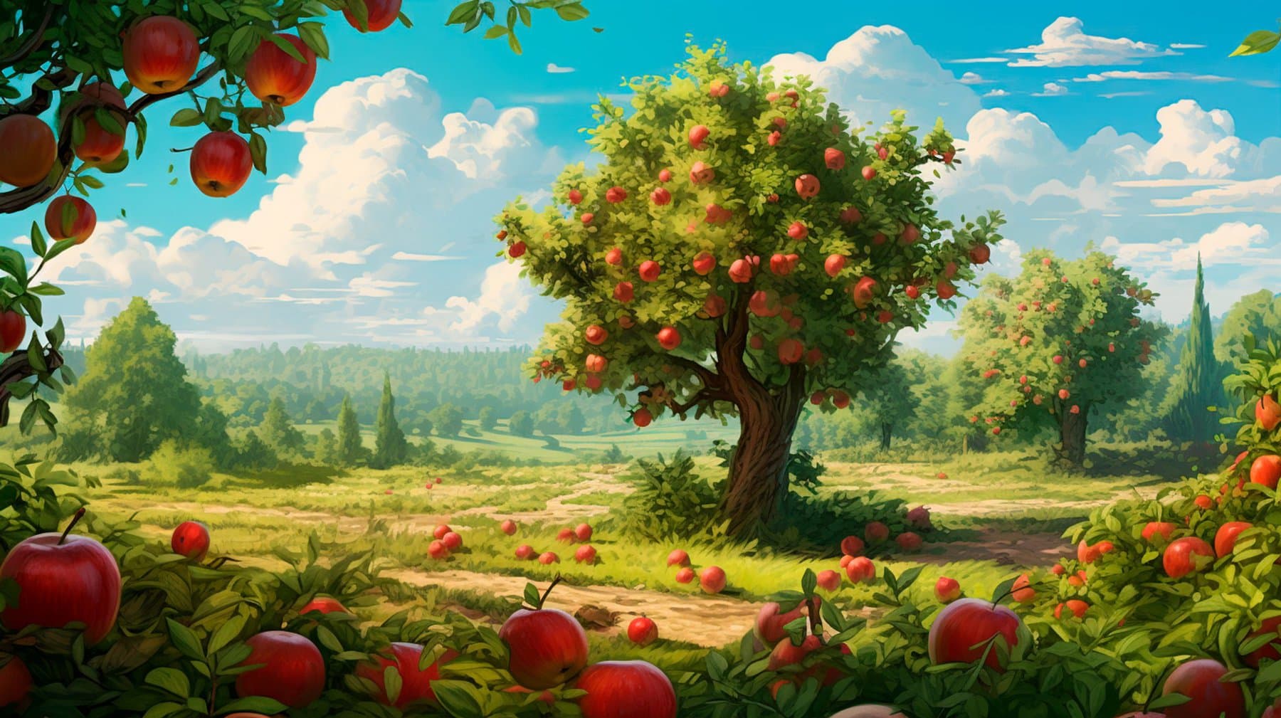 apple trees with red ripe fruits on the ground. Generative AI