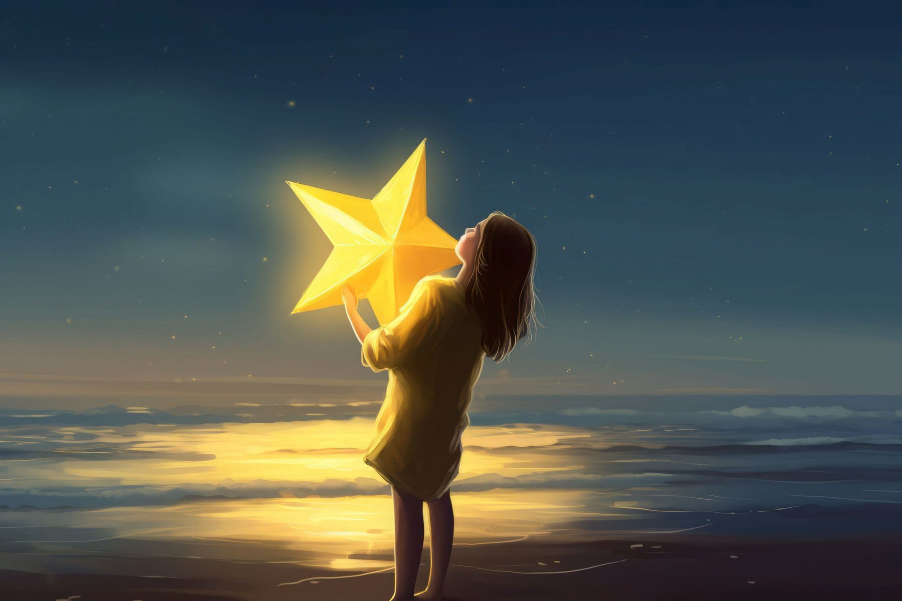 Girl take shiny star. Sky art. Generate Ai